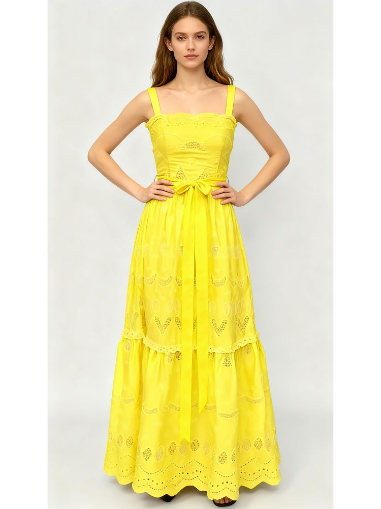 TWOTWINSTYLE Solid High Waist Hollow Out Maxi Dress