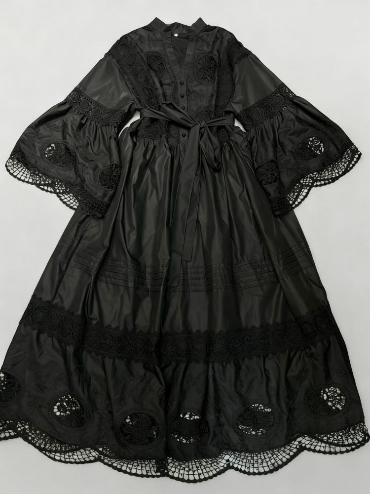 TWOTWINSTYLE Solid Hollow Out Patchwork Lace Up Dress