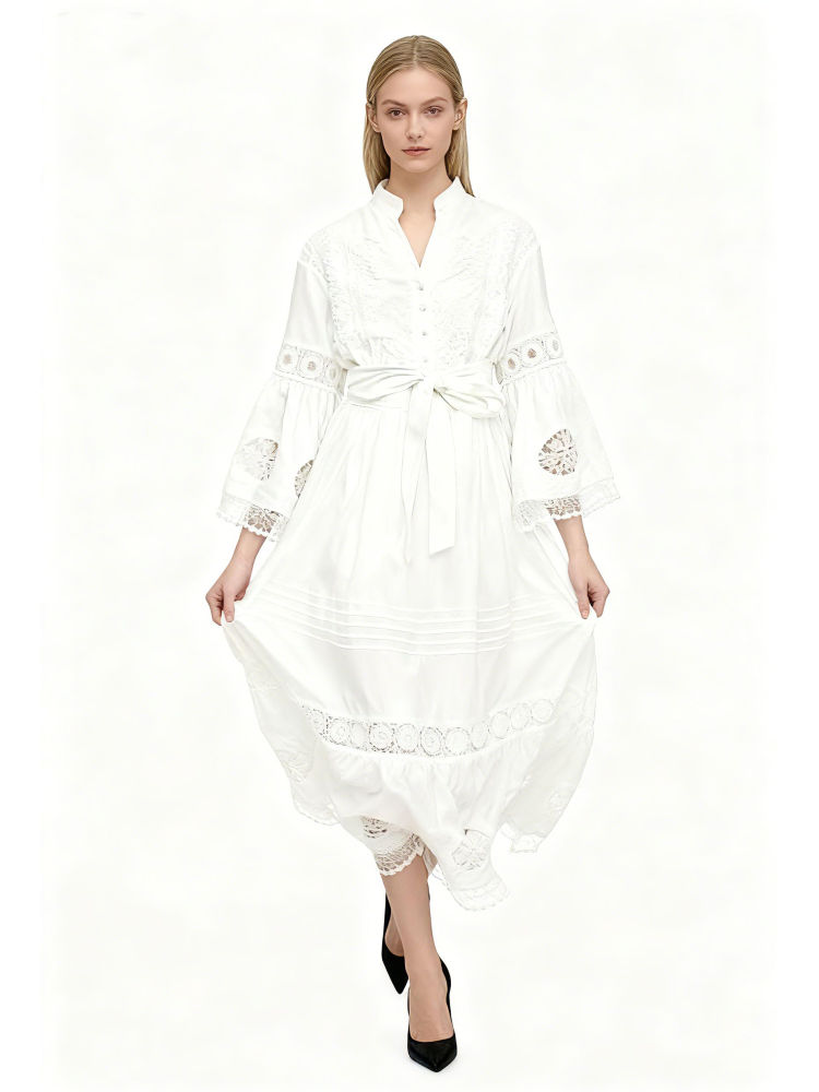 TWOTWINSTYLE Solid Hollow Out Patchwork Lace Up Dress