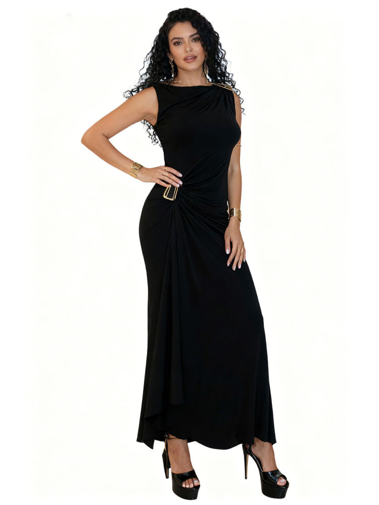 TWOTWINSTYLE Sleeveless Patchwork Metal Button Midi Dress