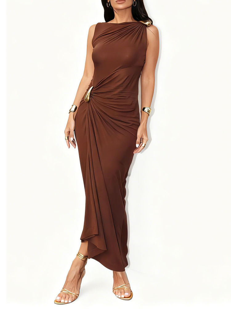 TWOTWINSTYLE Sleeveless Patchwork Metal Button Midi Dress