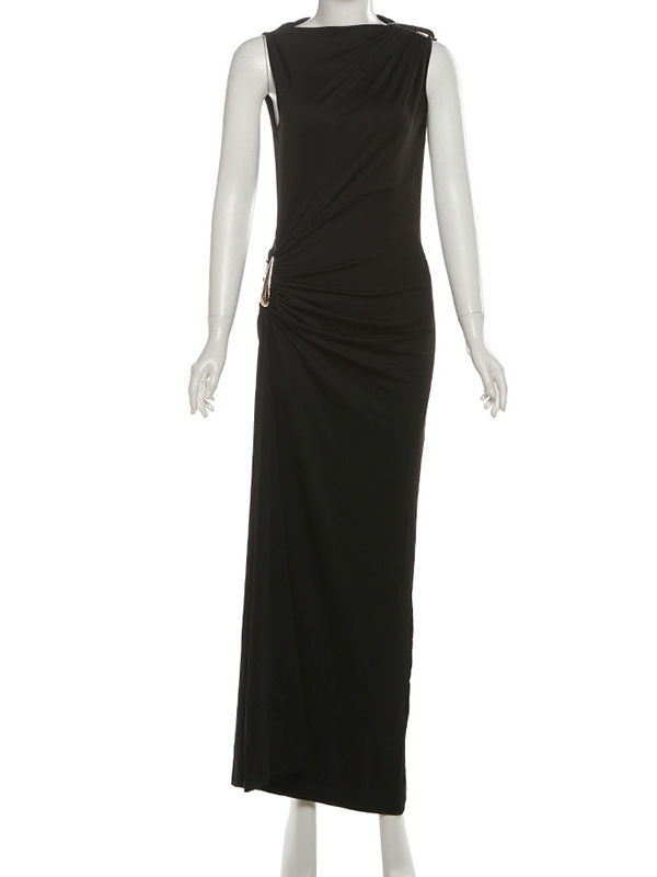 TWOTWINSTYLE Sleeveless Patchwork Metal Button Midi Dress