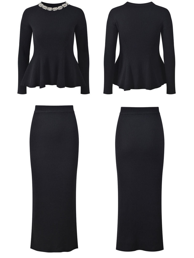 TWOTWINSTYLE Spliced Diamond Tunic Top High Waist Skirt Two Piece Set