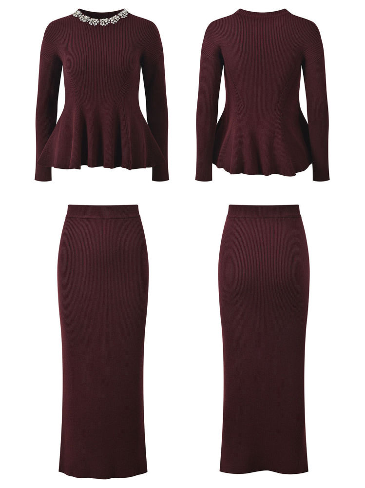 TWOTWINSTYLE Spliced Diamond Tunic Top High Waist Skirt Two Piece Set