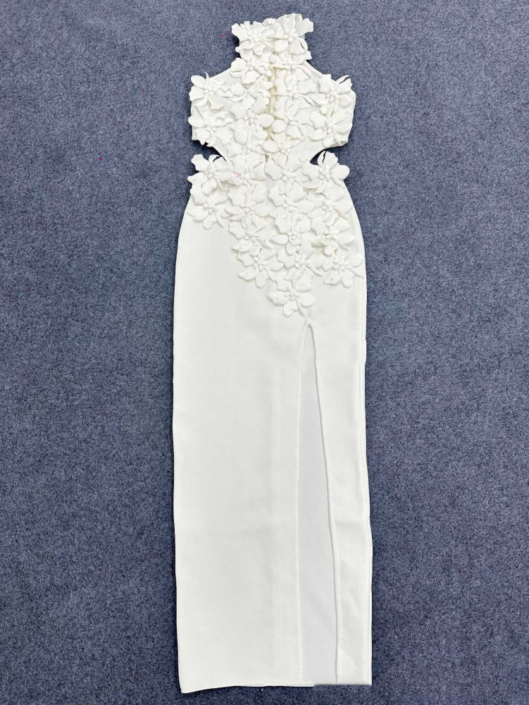 TWOTWINSTYLE Off Shoulder Patchwork 3D Flower Side Split Dress