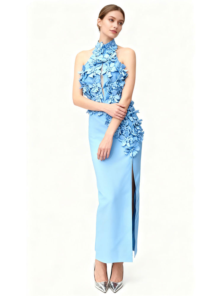 TWOTWINSTYLE Off Shoulder Patchwork 3D Flower Side Split Dress