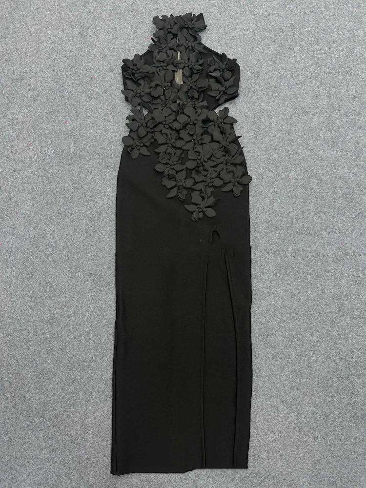 TWOTWINSTYLE Off Shoulder Patchwork 3D Flower Side Split Dress