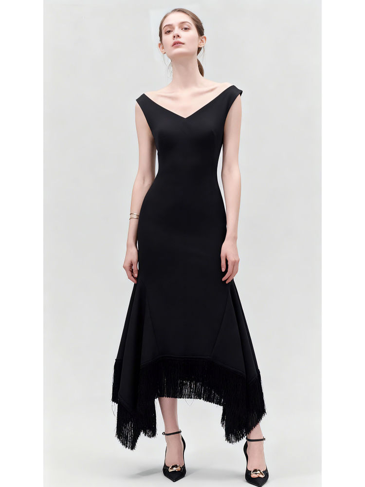 TWOTWINSTYLE Tunic Spliced Tassel Elegant Midi Dress