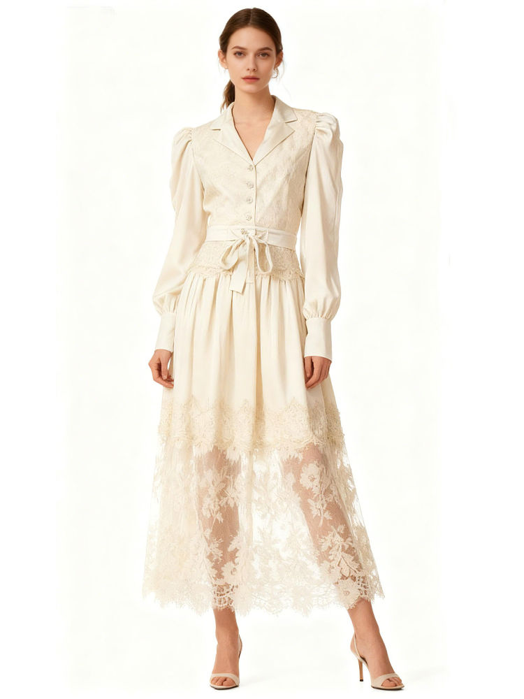TWOTWINSTYLE Lapel Patchwork Lace Chic Two Piece Set
