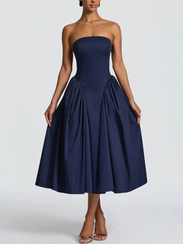 TWOTWINSTYLE High Waist Strapless Chic Midi Dress