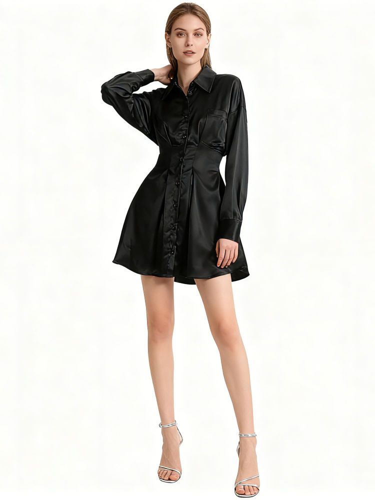 TWOTWINSTYLE Lapel Tunic Long Sleeve Mini Dress
