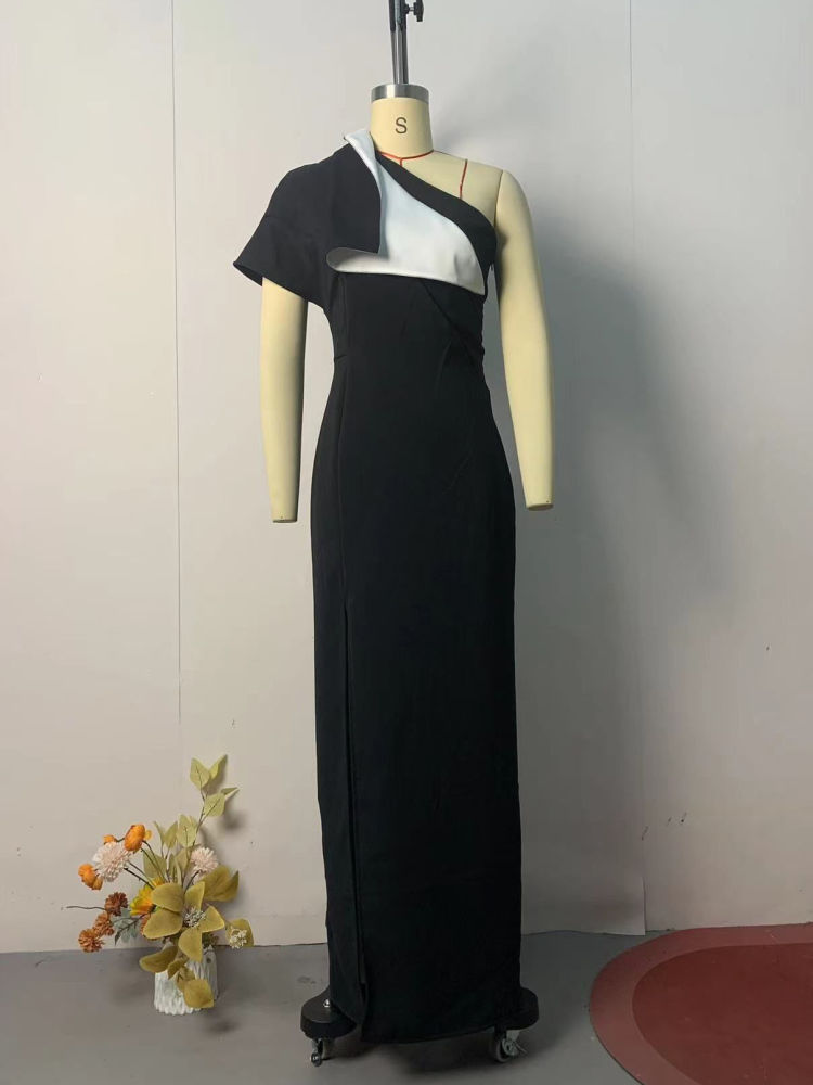 TWOTWINSTYLE Hit Color Side Split Off One Shoulder Chic Dress