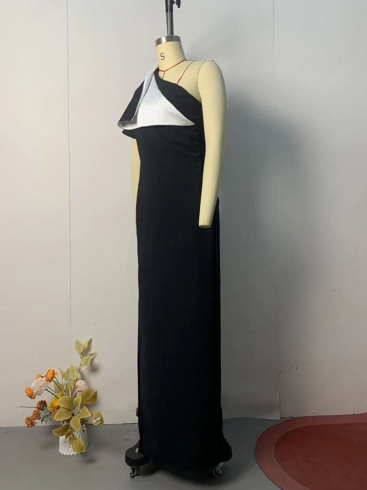 TWOTWINSTYLE Hit Color Side Split Off One Shoulder Chic Dress