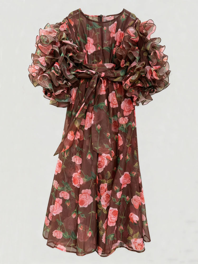 TWOTWINSTYLE Ruffled Sleeves Patchwork Print Vintage Dress