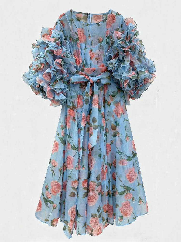 TWOTWINSTYLE Ruffled Sleeves Patchwork Print Vintage Dress