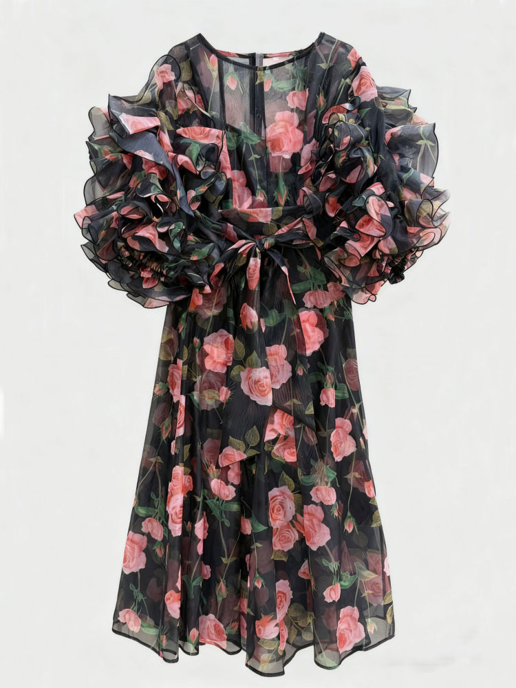 TWOTWINSTYLE Ruffled Sleeves Patchwork Print Vintage Dress