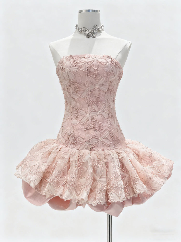 TWOTWINSTYLE Spliced Flower Tunic Strapless Mini Dress
