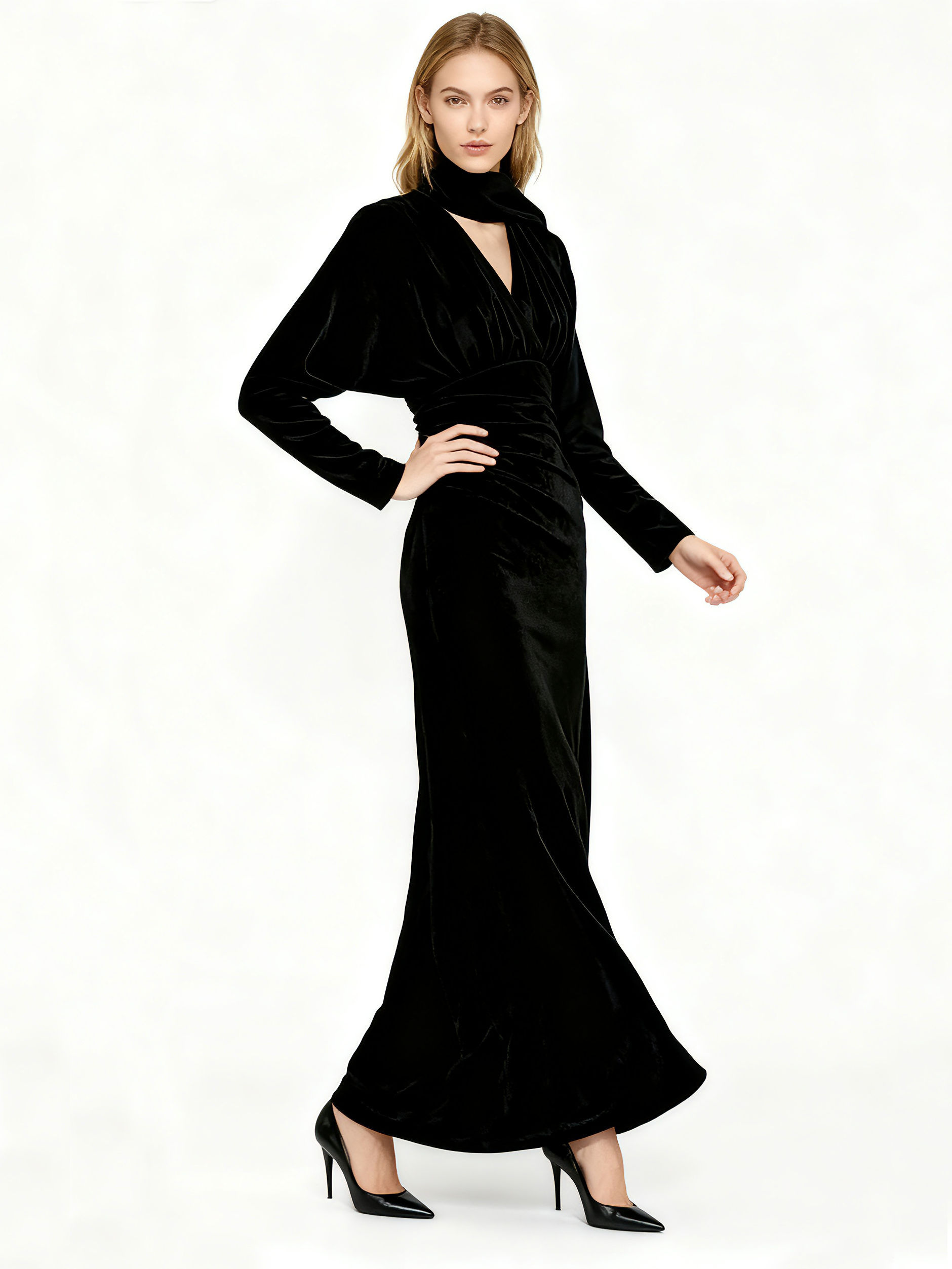 TWOTWINSTYLE Solid V-Neck High Waist Vintage Dress