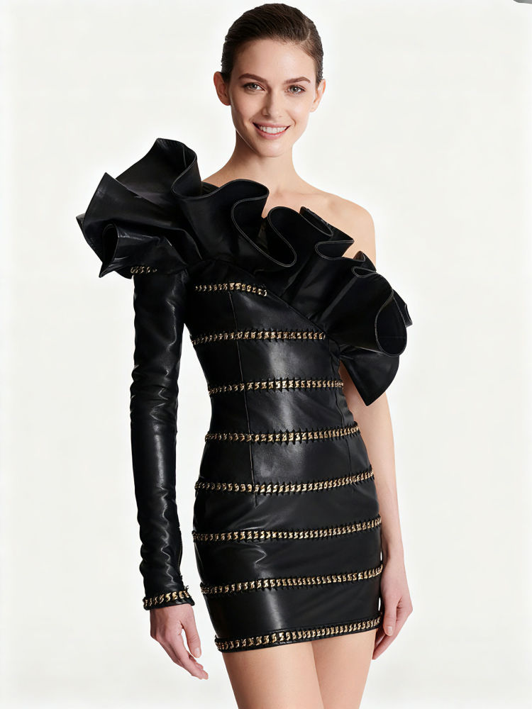 TWOTWINSTYLE Off One Shoulder Patchwork Metal Chain Designer Mini Dress