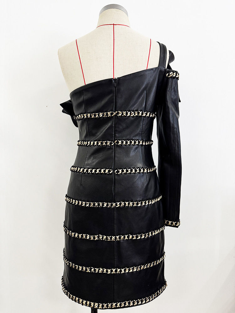 TWOTWINSTYLE Off One Shoulder Patchwork Metal Chain Designer Mini Dress