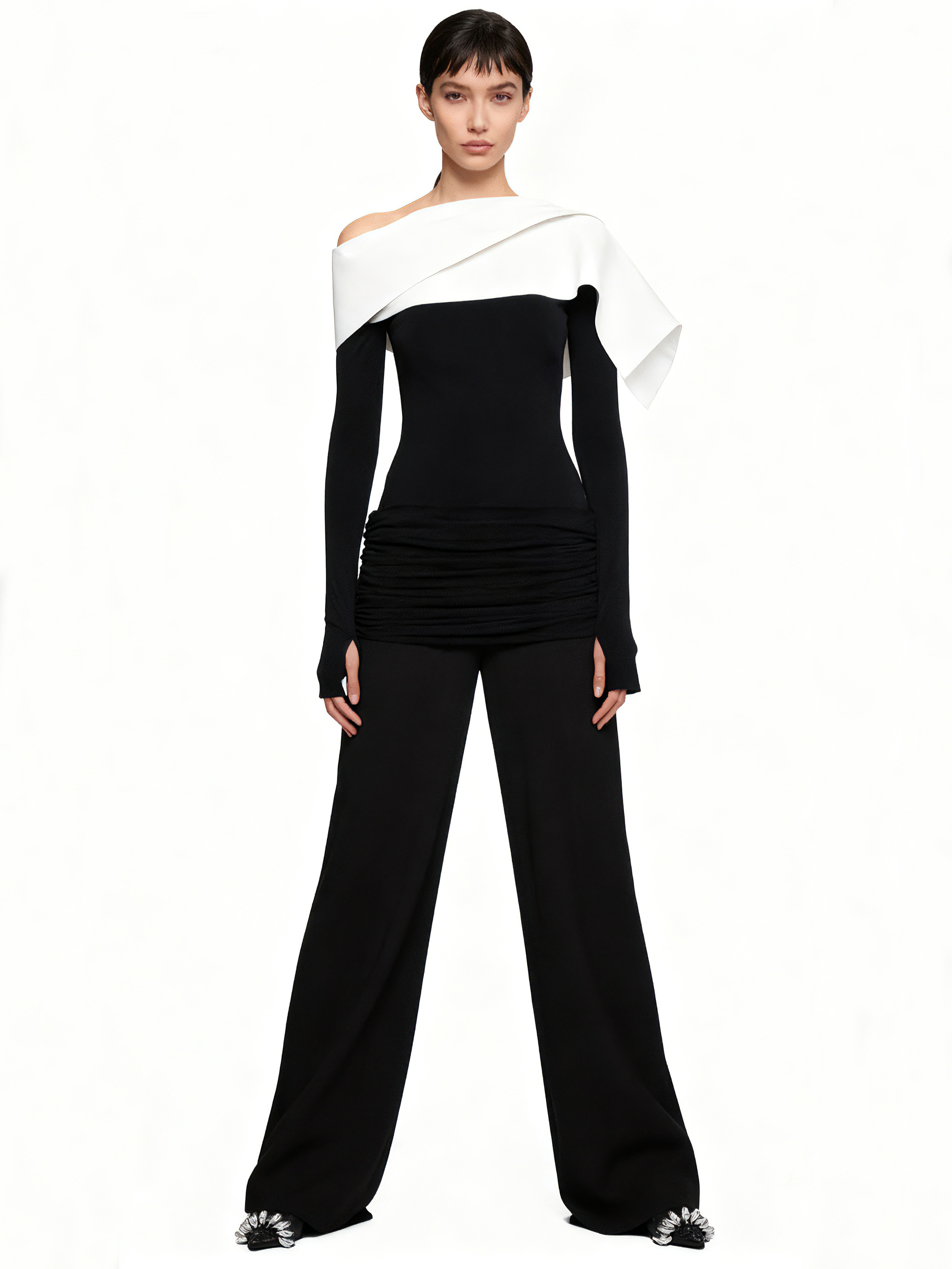 TWOTWINSTYLE Hit Color Pleated Top Solid Casual Pants Two Piece Set