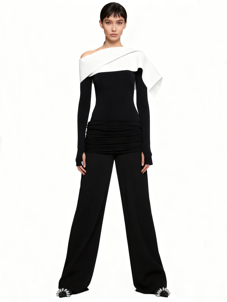 TWOTWINSTYLE Hit Color Pleated Top Solid Casual Pants Two Piece Set