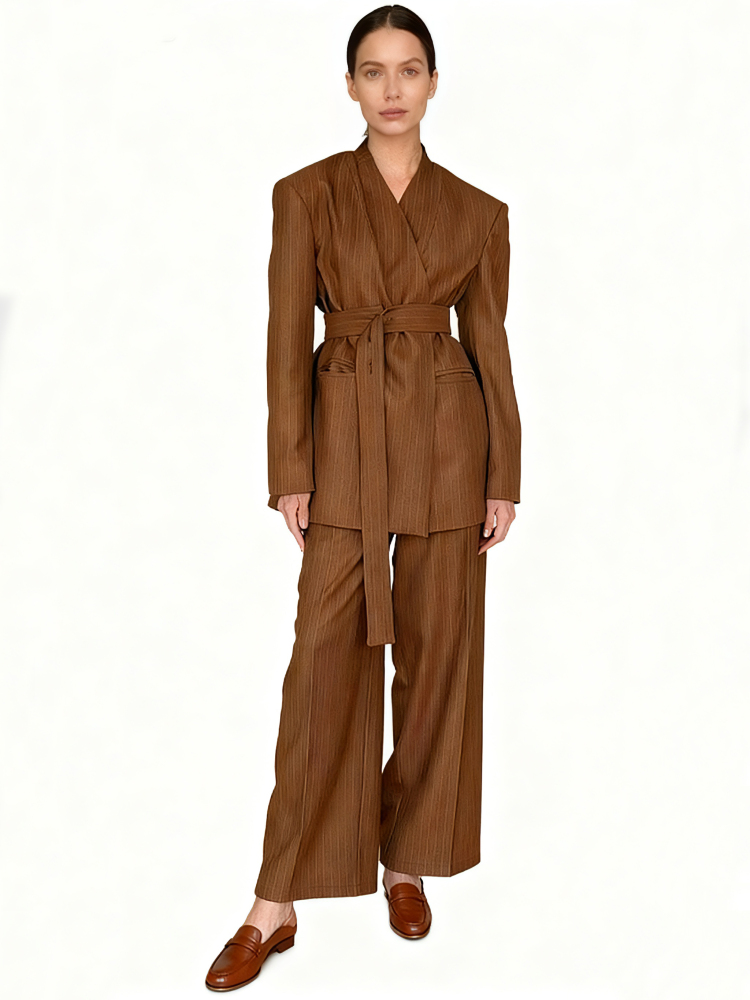 TWOTWINSTYLE V-Neck Tunic Top Loose Pant Vintage Two Piece Set