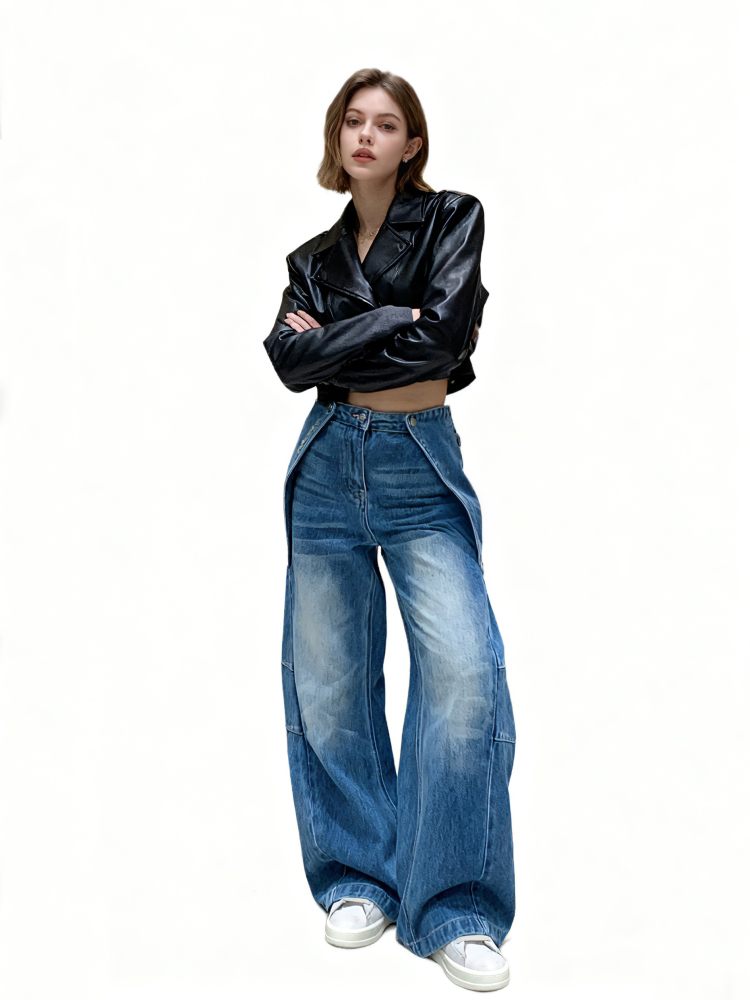 TWOTWINSTYLE Designer Hit Color Loose Denim Pants