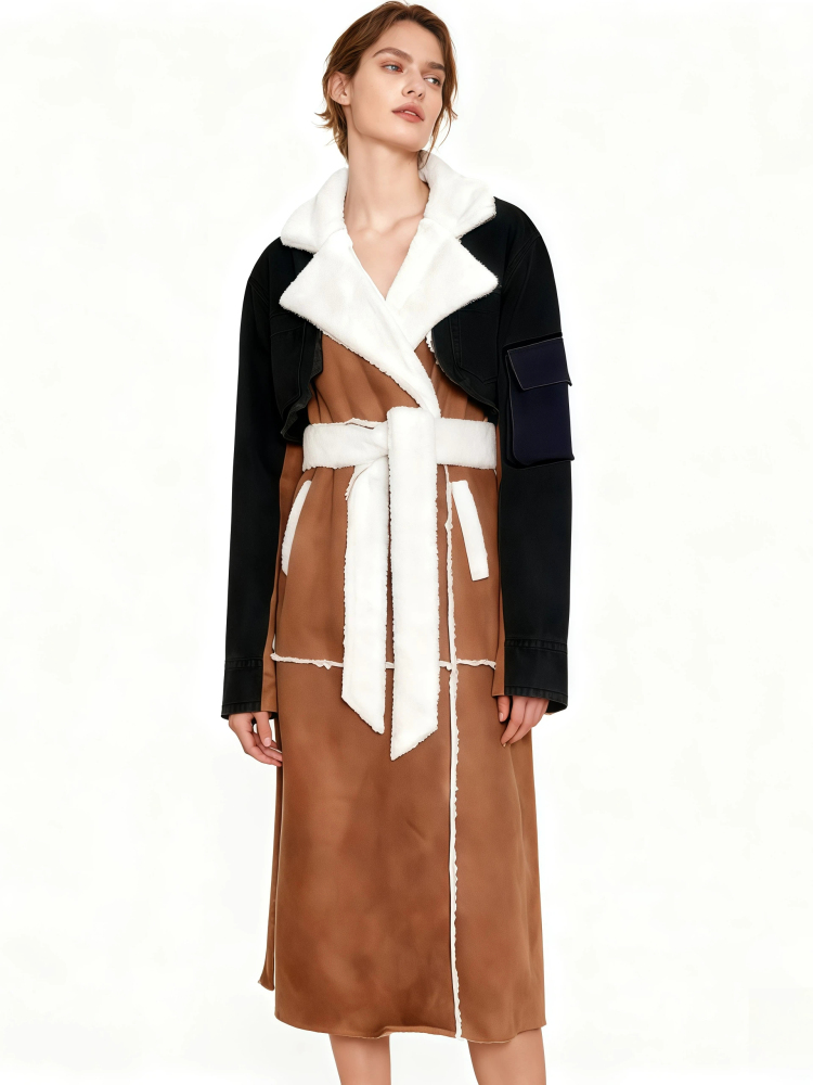 TWOTWINSTYLE Hit Color Lapel Spliced Lace Up Fashion Coat