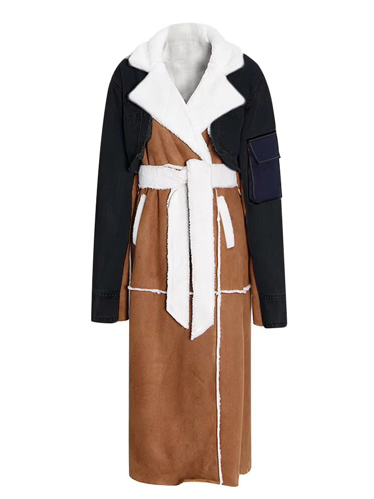 TWOTWINSTYLE Hit Color Lapel Spliced Lace Up Fashion Coat