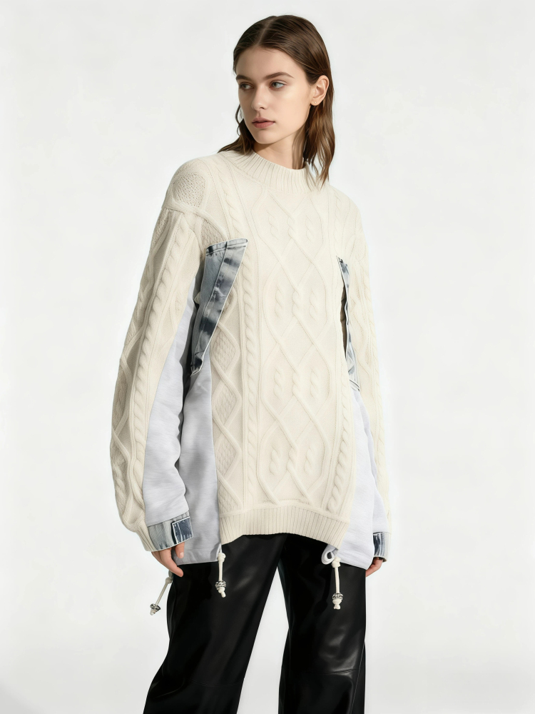 TWOTWINSTYLE Hit Color Patchwork Denim Designer Sweater