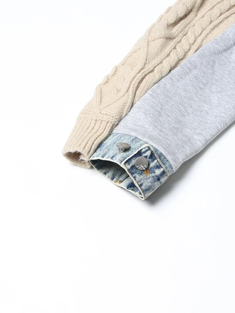 TWOTWINSTYLE Hit Color Patchwork Denim Designer Sweater