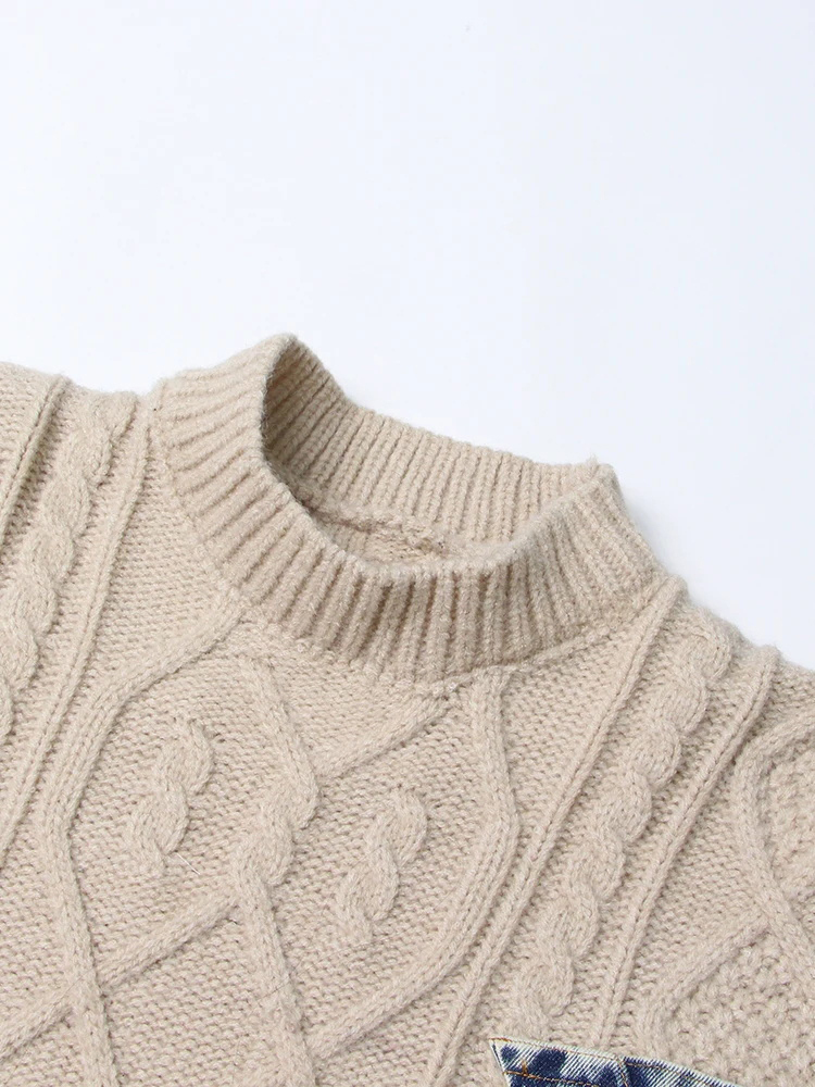 TWOTWINSTYLE Hit Color Patchwork Denim Designer Sweater