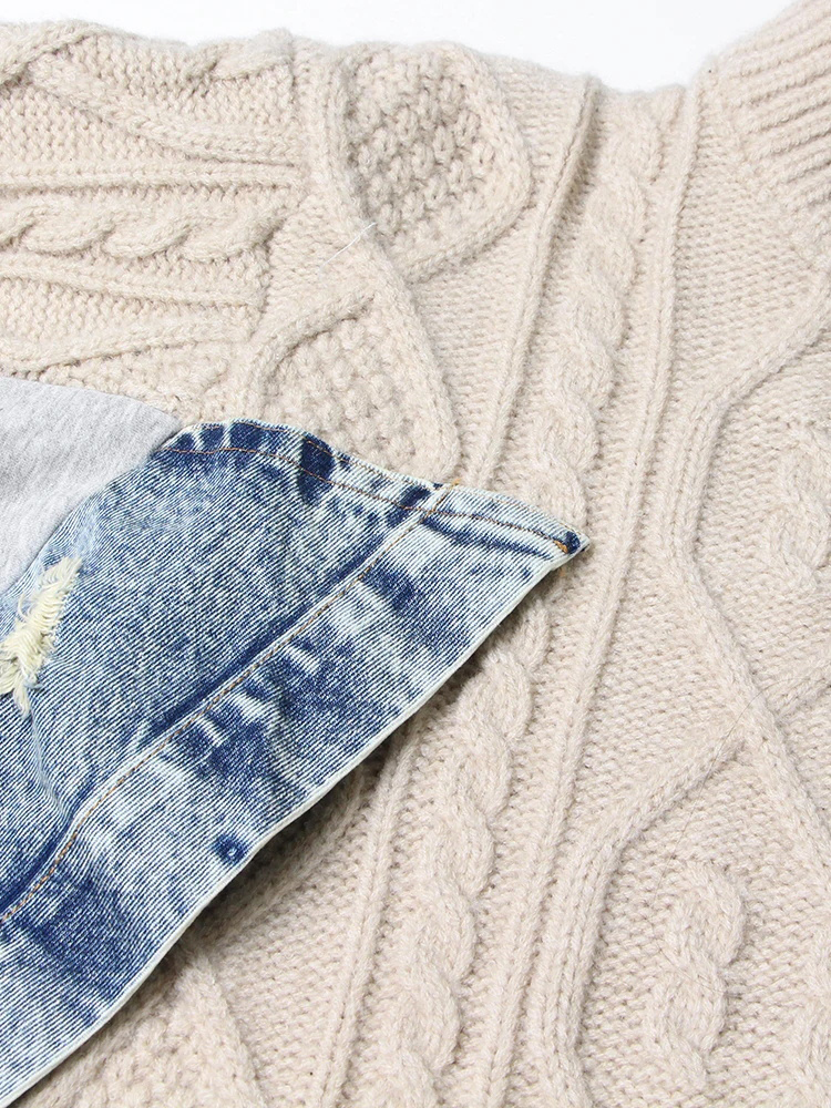 TWOTWINSTYLE Hit Color Patchwork Denim Designer Sweater
