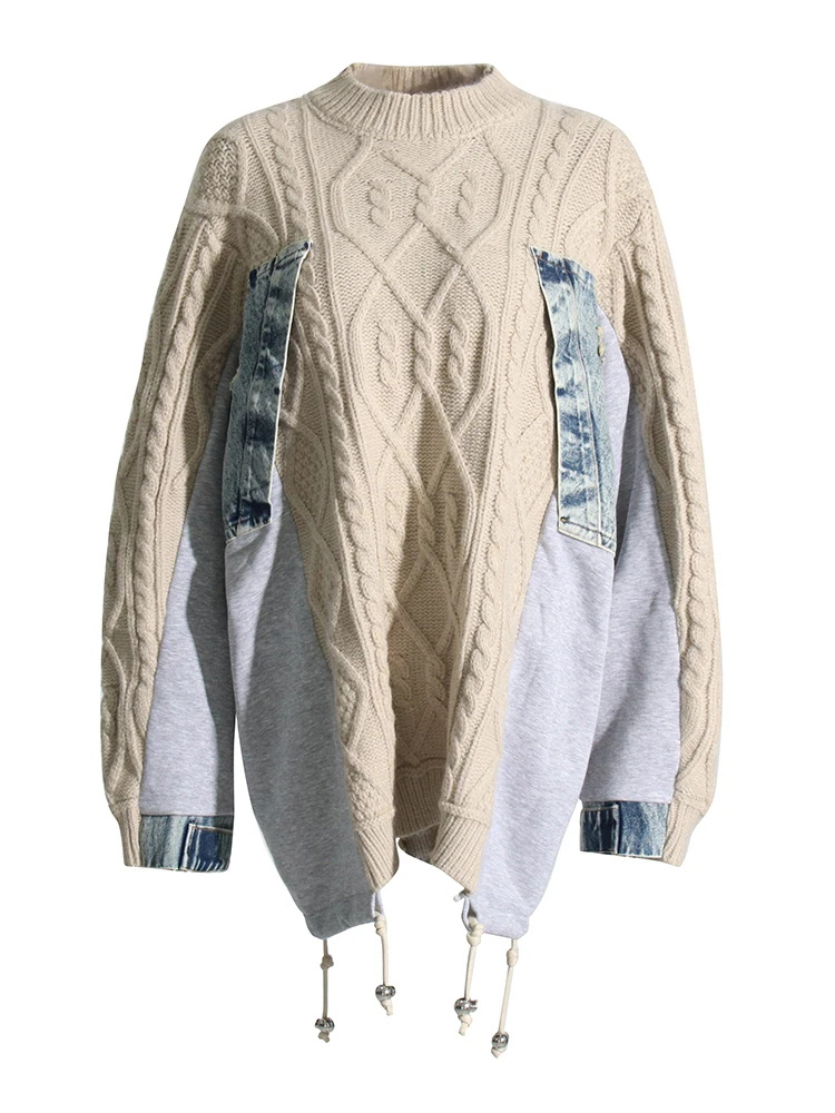 TWOTWINSTYLE Hit Color Patchwork Denim Designer Sweater