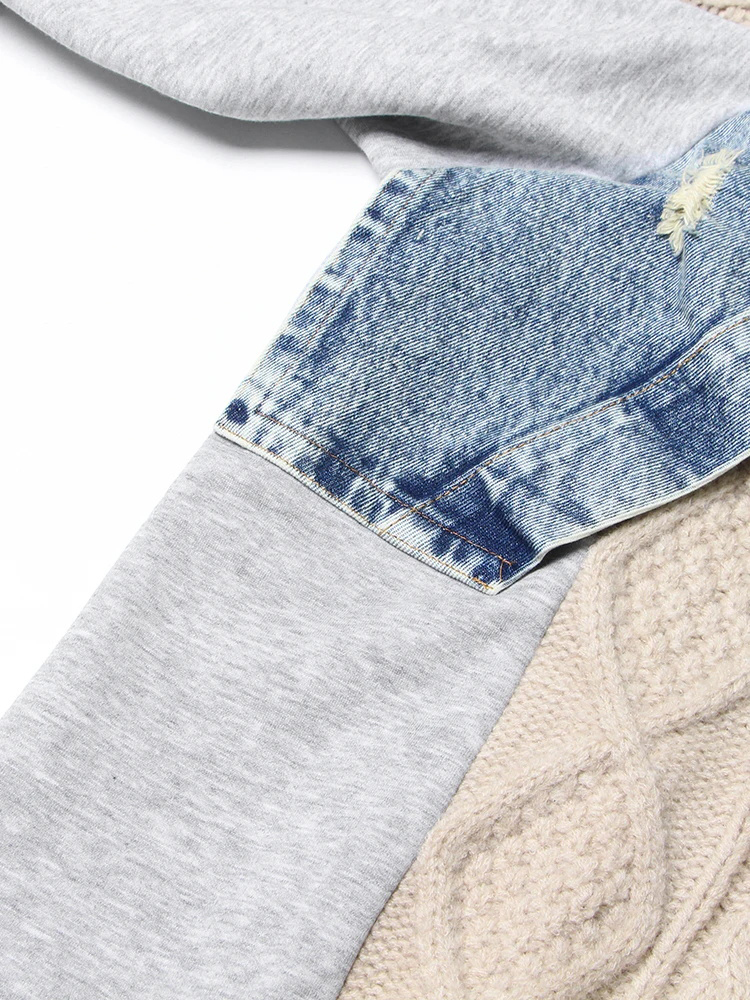 TWOTWINSTYLE Hit Color Patchwork Denim Designer Sweater