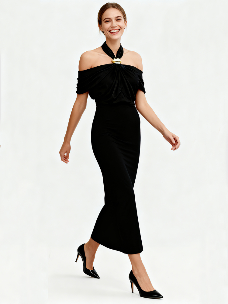TWOTWINSTYLE Off Shoulder Minimalist Midi Dress