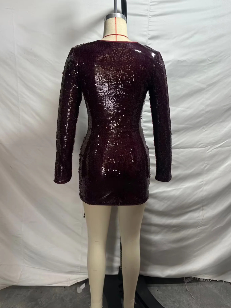TWOTWINSTYLE Vintage V-Neck Patchwork Sequins Mini Dress