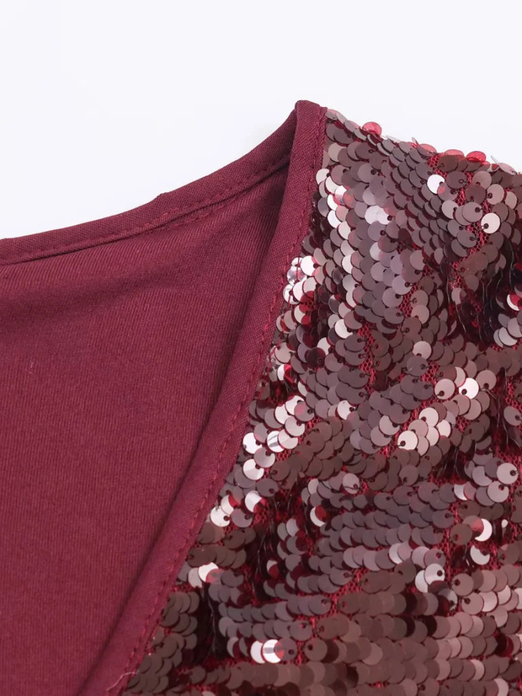 TWOTWINSTYLE Vintage V-Neck Patchwork Sequins Mini Dress