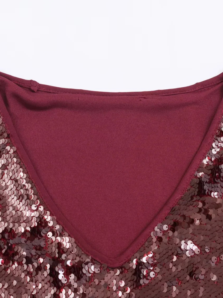 TWOTWINSTYLE Vintage V-Neck Patchwork Sequins Mini Dress