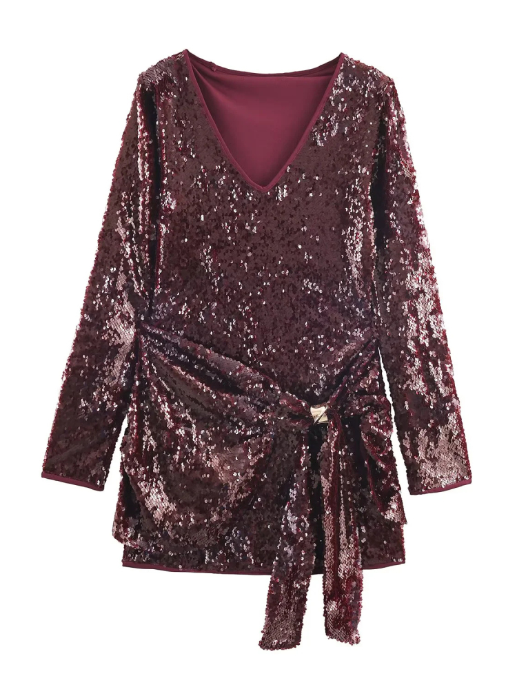 TWOTWINSTYLE Vintage V-Neck Patchwork Sequins Mini Dress