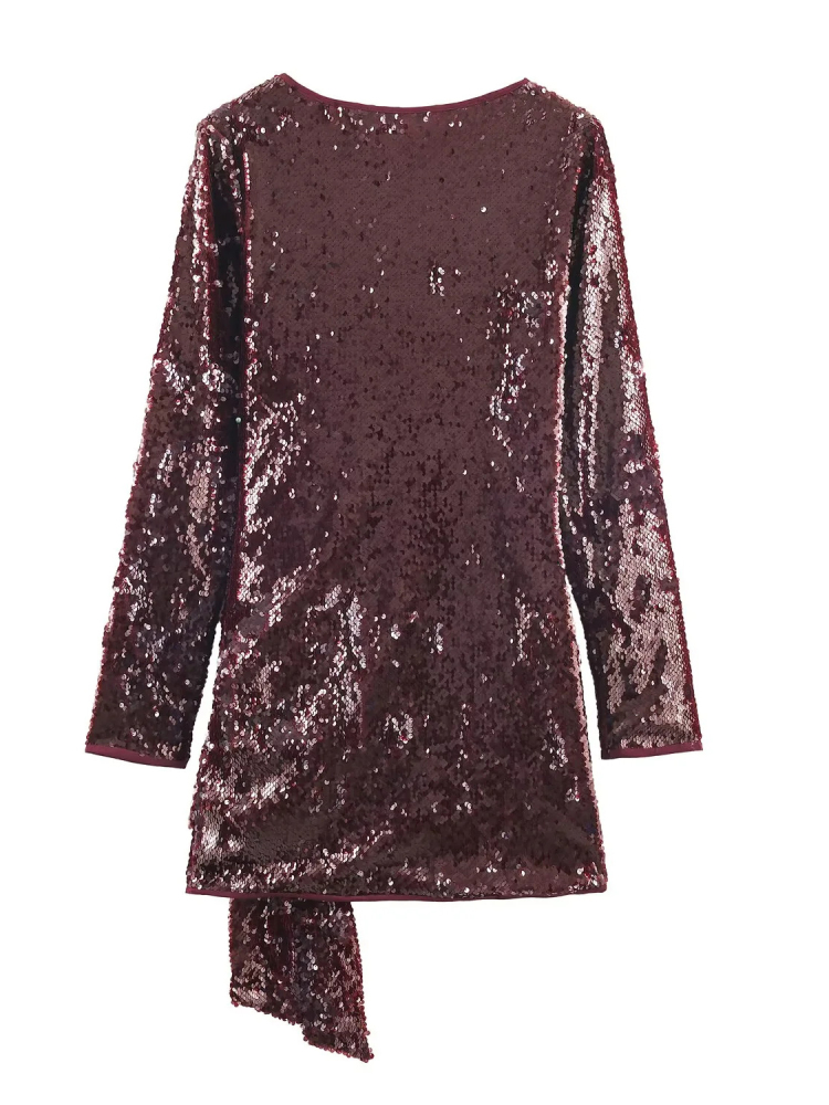 TWOTWINSTYLE Vintage V-Neck Patchwork Sequins Mini Dress