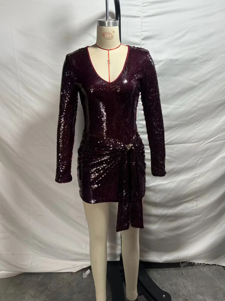 TWOTWINSTYLE Vintage V-Neck Patchwork Sequins Mini Dress