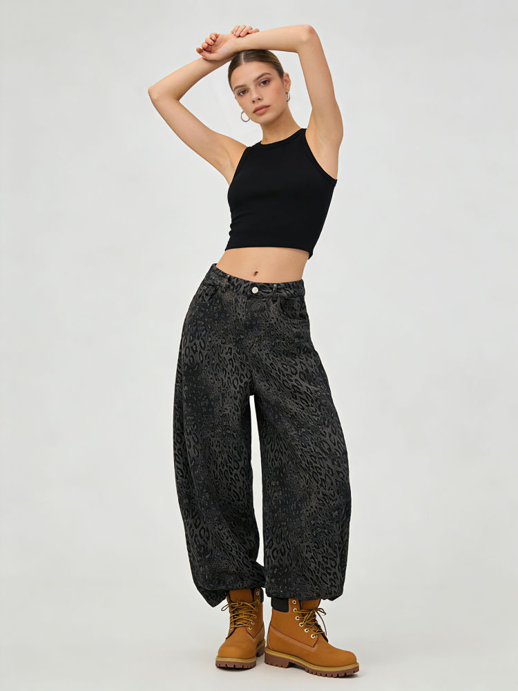 TWOTWINSTYLE Casual Loose Leopard Denim Pants