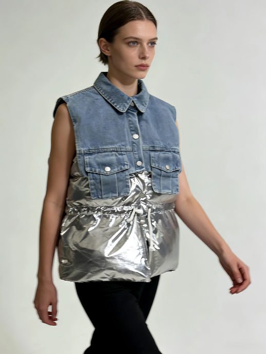 TWOTWINSTYLE Fashion Hit Color Patchwork Denim Coat