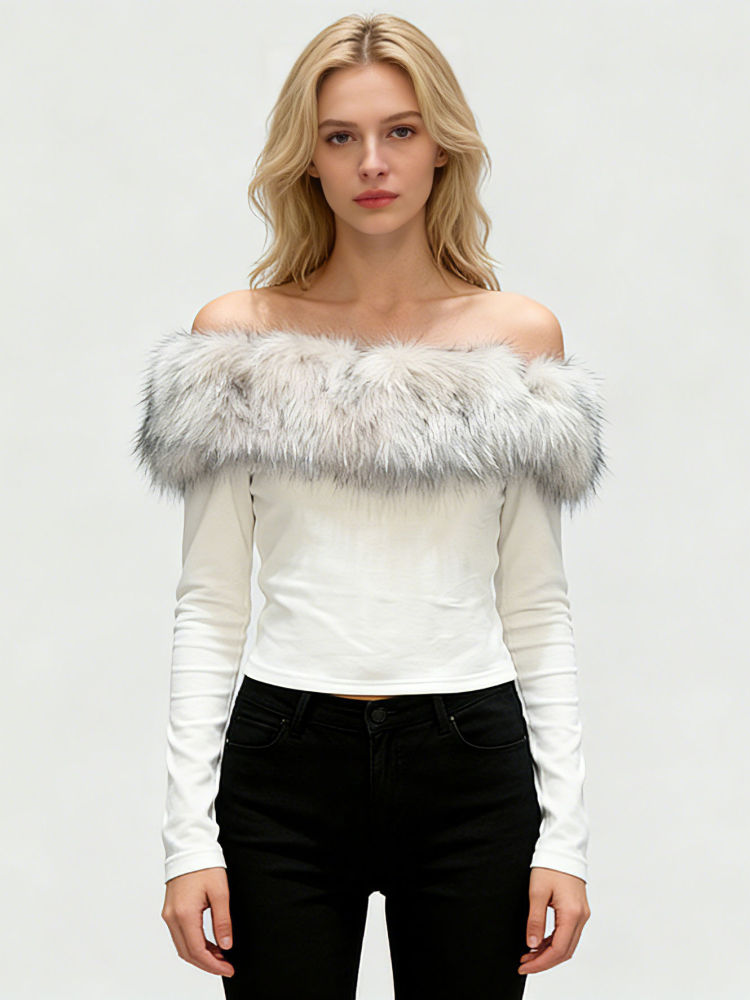 TWOTWINSTYLE Off Shoulder Spliced Fur Fashion Top