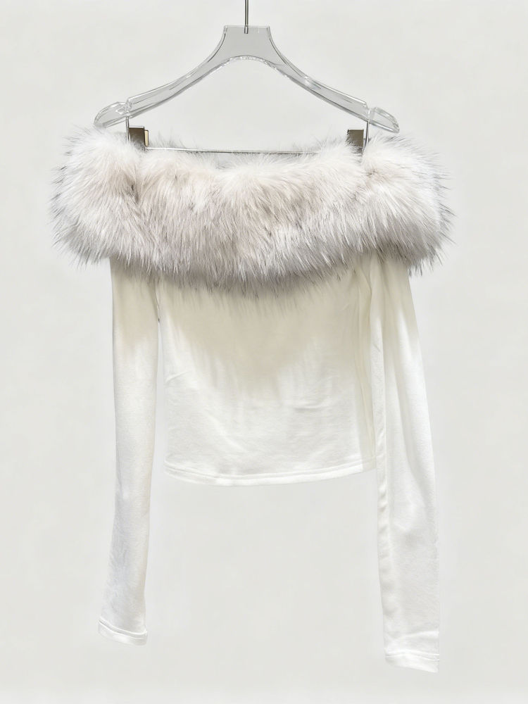 TWOTWINSTYLE Off Shoulder Spliced Fur Fashion Top