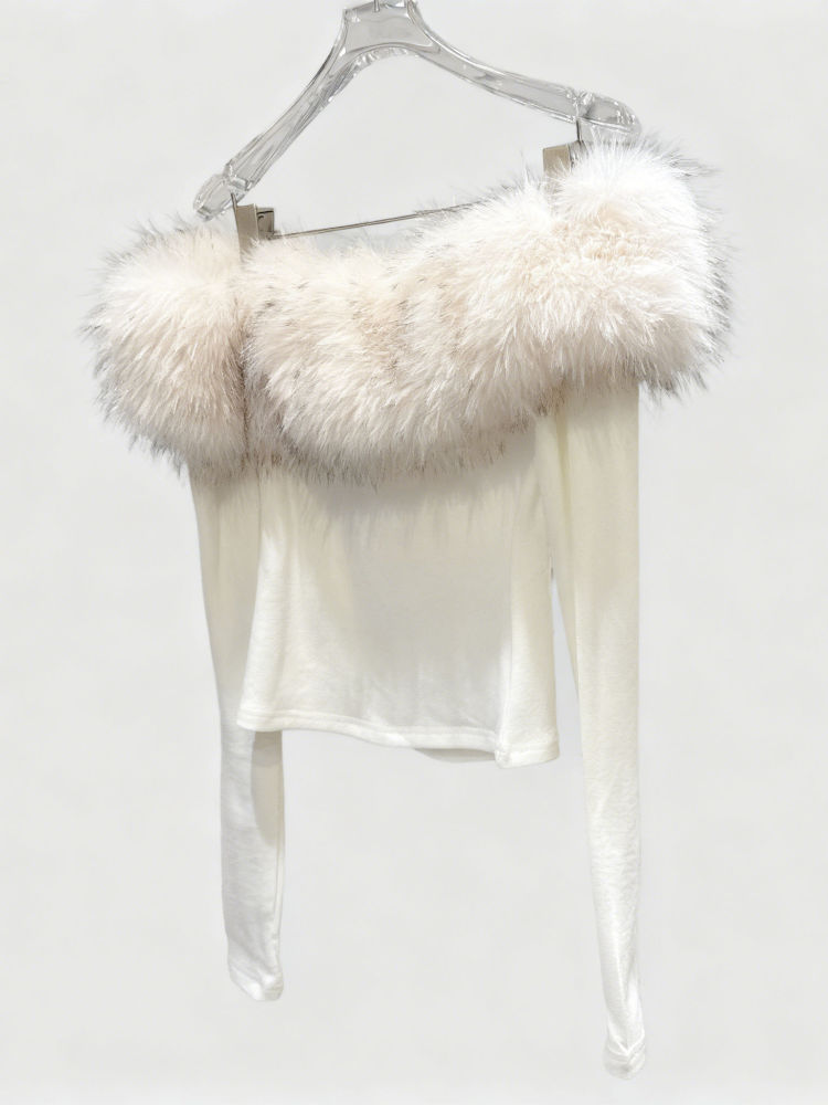 TWOTWINSTYLE Off Shoulder Spliced Fur Fashion Top
