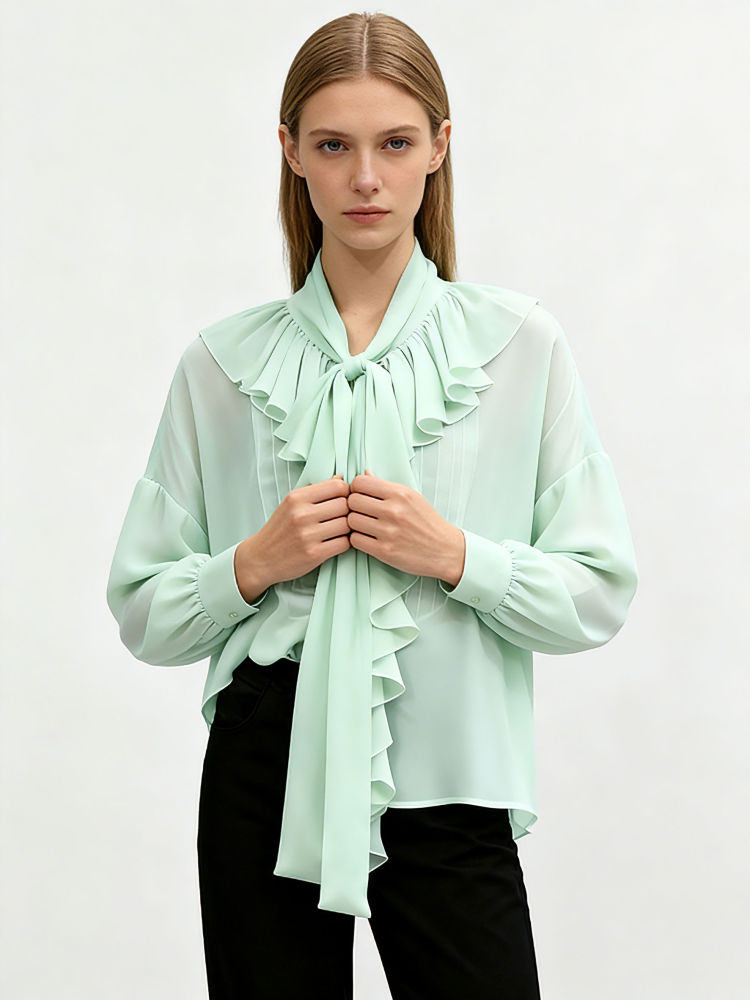 TWOTWINSTYLE Solid Stand Collar Spliced Ruffles Shirt