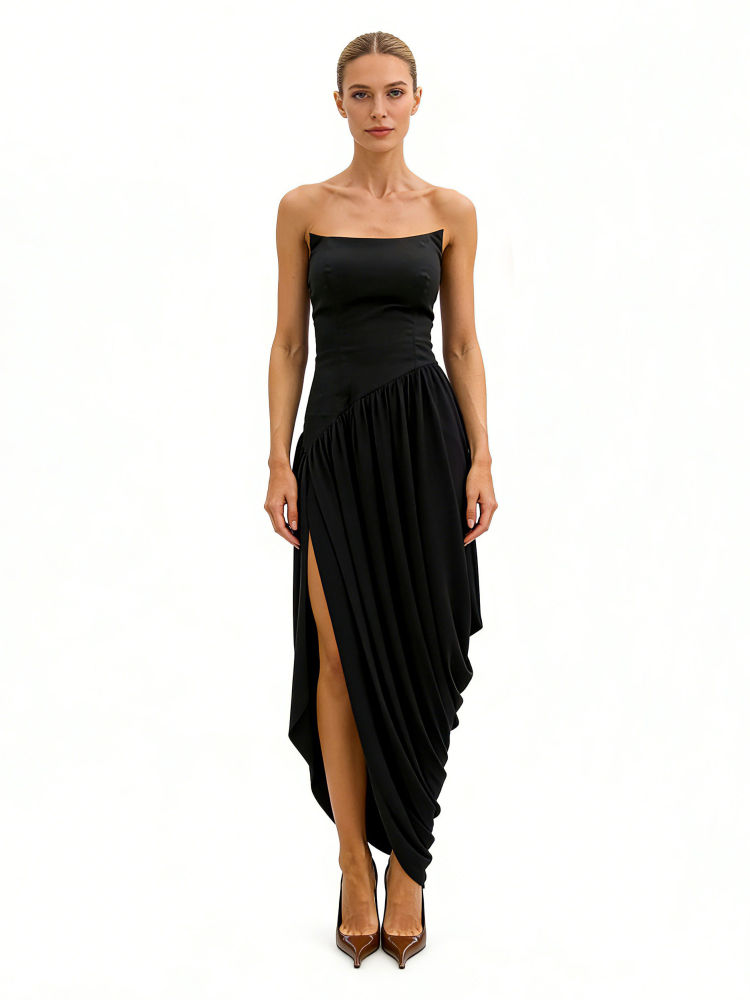 TWOTWINSTYLE Backless Side Split Ruched Chic Midi Dress